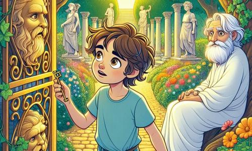 Un ragazzo di 12 anni, di nome Luca, si trova al centro di un giardino incantato, con occhi brillanti di curiosità e un sorriso meravigliato. Ha capelli castani disordinati, indossa una maglietta blu e pantaloni corti di jeans, mentre tiene in mano una piccola chiave dorata, guardando con fascinazione una porta antica in ferro battuto, coperta di edera. Alla sua destra, un vecchio saggio di circa 70 anni è seduto su una panchina di legno. Ha una lunga barba bianca e occhi saggi, vestito con una tunica bianca fluida. Osserva Luca con un sorriso benevolo, come se aspettasse che il ragazzo scoprisse la verità nascosta del giardino. Il giardino è un luogo magico, pieno di fiori dai colori vivaci, grandi alberi dai tronchi contorti e statue che rappresentano concetti filosofici come Libertà e Giustizia, che fiancheggiano il sentiero lastricato. La luce dorata del sole al tramonto filtra tra le foglie, creando un'atmosfera calda e serena. Luca, intrigato dalla chiave trovata, si dirige verso la porta misteriosa, pronto a scoprire cosa si nasconde dietro, simboleggiando il suo viaggio interiore alla ricerca della verità e di se stesso.