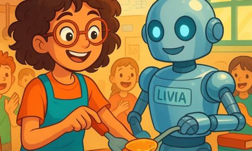 Una giovane donna di nome Livia, con capelli ricci e disordinati, indossa occhiali rotondi che le scivolano sul naso. Ha un sorriso radioso e occhi scintillanti di eccitazione mentre preme un grande pulsante rosso sul petto del suo robot. Accanto a lei, un robot di metallo lucido, con braccia articolate e occhi luminosi, sta versando pancake dorati in un piatto. Sullo sfondo, bambini del villaggio, di età compresa tra 8 e 10 anni, guardano con meraviglia, curiosi e divertiti, alcuni applaudendo e altri ridendo. La scena si svolge in una cucina colorata e vivace, piena di utensili da cucina, libri di ricette e disegni di invenzioni appesi alle pareti. Raggi di luce filtrano da una finestra, illuminando lo spazio con colori vivaci. Livia, entusiasta, presenta la sua invenzione, il Robocolazione, che prepara uno spuntino delizioso per tutti. I bambini sono affascinati dallo spettacolo, creando un'atmosfera gioiosa e ludica.
