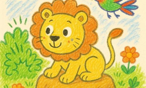 A light-yellow lion with an orange mane sits on a warm rock, round face and wide eyes, joyful curious expression, soft tousled mane and front paws forward as if about to jump, looking toward a bright green bush that makes 
