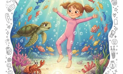 Six-year-old girl, serene and amazed, big smiling eyes, light brown hair in two braids, wearing a pale pink wetsuit; she floats peacefully at the surface with arms outstretched, looking down at a glowing pearl inside an open oyster on the sandy bottom. A wise old sea turtle with mossy green and brown textured shell swims slowly to her left, tilting its head as if encouraging her, mid-water. A small curious orange-red crab raises a claw in greeting from a coral rock near the shimmering light. A school of cobalt blue, lemon yellow and coral-striped fish circles the girl with sparkling bubbles and iridescent reflections. Setting: a clear underwater cove with pale sand, pink and purple coral clusters, swaying green seaweed and shell-covered rocks, golden light filtering from above and a pearly halo from the oyster; mood magical, vivid colors, detailed textures, composition focused on the gentle bond between the girl and the marine creatures.