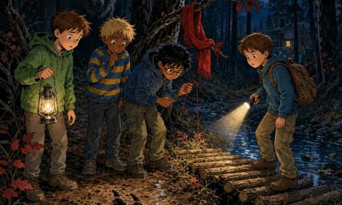 Hay 5 personajes: Bruno, 7 años, pelo corto castaño, chaqueta verde con capucha, sostiene una pequeña lámpara de aceite, a la izquierda mirando una gran huella en el barro; Nico, 7 años, pelo rubio despeinado, suéter a rayas azul y amarillo, sonríe nervioso, ligeramente delante a la derecha de Bruno; Leo, 7 años, pelo negro y gafas redondas, bufanda roja enganchada a una rama, en el centro inclinado examinando un hilo rojo; Tomás, 7 años, pelo castaño, pequeña linterna y mochila marrón, a la derecha iluminando un puente de troncos; El Gran Lobo, gran silueta oscura, pelaje gris plateado, ojos amarillos brillantes, en sombra detrás de los árboles mirando a los niños. Lugar: sendero estrecho junto a un pinar nocturno, suelo embarrado con huellas profundas, troncos negros y ramas retorcidas con pocas hojas rojas, un pequeño puente de troncos sobre un arroyo oscuro que refleja la luna y una casa lejana con una ventana amarilla cálida entre los árboles. Situación: los cuatro niños sostienen una lámpara y observan una enorme huella cerca del puente; el hilo rojo está colgado en una rama sobre ellos y la silueta del lobo aparece en sombra detrás, creando una atmósfera de misterio y leve temor.