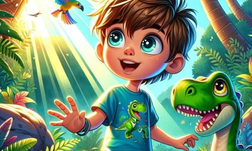A 12-year-old boy, Max, with tousled brown hair and sparkling curious eyes, stands at the center of the scene, a look of wonder on his face. He wears a blue t-shirt with a dinosaur pattern and denim shorts. Next to him, a small green dinosaur with yellow eyes, appearing friendly and curious, rubs against his leg, adding a touch of magic to the image. In the background, a lush jungle stretches as far as the eye can see, with giant ferns and massive tree trunks, while colorful birds fly overhead, creating a vibrant and lively atmosphere. Sunlight filters through the foliage, casting dancing shadows on the ground. The main focus shows Max, amazed, exploring this prehistoric world, while the dinosaur watches him with curiosity, ready to accompany him on this incredible adventure.