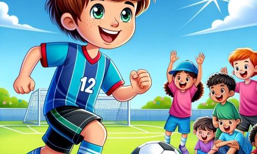 Um garoto chamado Rui, com cerca de 12 anos, está no centro da imagem, sorrindo entusiasticamente. Ele usa uma camisa de futebol azul brilhante, shorts pretos e tênis vermelhos. Seus cabelos castanhos estão bagunçados e seus olhos brilham de excitação enquanto dribla uma bola de futebol em um campo ensolarado. Ao seu lado, uma menina chamada Inês, de 11 anos, com cabelos longos e cacheados, veste uma camiseta rosa e shorts azuis. Ela o incentiva com um grande sorriso, levantando os braços. Outro garoto, Pedro, de 10 anos, tenta driblar, com os olhos arregalados de concentração e um boné vermelho na cabeça. O campo é um espaço verde, cercado por pequenas árvores e cercas brancas, sob um céu azul claro com algumas nuvens brancas. Colegas de classe estão sentados ao lado, aplaudindo e rindo, criando uma atmosfera alegre e animada. A cena principal mostra Rui em ação, driblando a bola com agilidade, pronto para passar para sua amiga Inês, enquanto Pedro tenta defendê-lo. A energia e a excitação do jogo são palpáveis, ilustrando a paixão pelo futebol e o espírito de equipe.