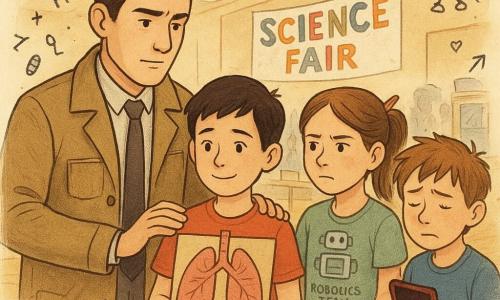 A 32-year-old detective with styled brown hair, a khaki coat and notebook in his pocket, calm focused expression and slightly furrowed brows, rests a reassuring hand on the shoulder of a boy. Mateo, about 12, short black hair, shy relieved expression, holds a cardboard school project of lungs and stands near the detective. Lena, about 12, hair tied with a pencil, wearing a robotics team T-shirt with a rolled-up sleeve showing a pale bruise, determined look, stands by the boy next to an exhibition table. Theo, about 11, tousled hair, slightly behind the trio, holds an open velvet pouch revealing a shiny gold medal, ashamed but relieved. The scene is a large school gym with shiny wooden floors, folded bleachers, a colorful "SCIENCE FAIR" banner, tables with cardboard models, a glass trophy case with a ajar door and dusty gray edges, warm ceiling lights, blurred parents and students in the background. The main moment shows a calm discovery and confrontation: the recovered medal, the detective soothing the accused boy, the girl revealing her injury, honest expressions and signs of truth. Add small overlaid doodles: magnifying glass, fingerprints, mini-robots, and hand-drawn arrows. Style: soft contrasted colors, clean rounded lines, visible paper and pencil textures.