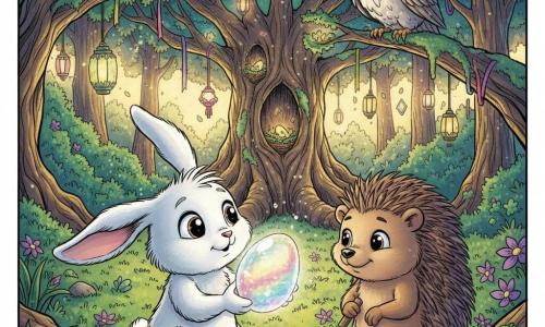 A small white rabbit (main character) with round bright eyes, fluffy fur and long ears, looking amazed and curious, gently holding a translucent egg that shimmers with swirling colors; beside him stands Hazel, a brown hedgehog with silky quills and a shy smile, admiring the egg and holding a small garden trowel, slightly to the right; above, a wise old grey owl perched on a low branch watches the scene with a gentle, pensive gaze. The setting is an enchanted clearing surrounded by dense trees, green moss, purple flowers and colorful lanterns; at the center, a large ancient tree with gnarled roots is decorated with ribbons and small glowing nests. The mood is bright and magical, golden sunlight filtering through leaves, iridescent reflections on the egg and drifting pollen. Main moment: discovery of a translucent magical egg, shared wonder and an intimate joyful moment between friends. Graphic style: clean lines, saturated yet soft colors, hand-drawn textures, composition centered on the characters and tree.