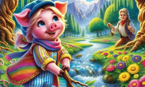 In the heart of the enchanted forest, Percy, the little pig with a blue hat, has a determined and joyful expression. His pink fur is soft and shiny, and he wears a small striped vest. He is lifting a branch to clear the shimmering stream, with water droplets sparkling around him. Next to him, Pippa, the little pig with a yellow floral scarf, smiles enthusiastically. She holds a handful of colorful seeds ready to be planted, her eyes sparkling with joy. Pip, the youngest pig, with his red vest and large curious ears, watches in wonder as the stream begins to flow again. The scene is set in a magical clearing surrounded by tall trees with gnarled trunks and vibrant leaves, where bright flowers bloom in the green grass. The sky is a brilliant blue, dotted with fluffy white clouds. The main situation shows the Three Little Pigs united in a moment of camaraderie, working together to save their friend, the weeping willow, by clearing the stream and planting seeds to revive the enchanted forest.