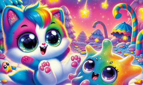 Zippity, a small Whiskerfluff with rainbow fur, big bright eyes, and a beaming smile, joyfully jumps on a marshmallow ground, his adorable tail wagging with excitement. Next to him, Twinkle, a brightly colored starfish, swims through the air with sparkling fins, displaying a look of wonder as she admires the scenery. Glimbles, a funny jelly character with a wobbly texture and sparkling eyes, laughs while rolling on the soft ground, surrounded by colorful candies. The setting is a fantastical world filled with candy cane trees, marshmallow hills, and starry skies, where shooting stars dance in the air. The scene captures the joyful moment of Zippity and his friends playing together, laughing and having fun in this magical universe.