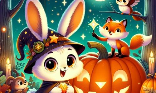 Un pequeño conejo llamado Tico, con un pelaje suave y blanco, grandes orejas y ojos brillantes de curiosidad, se encuentra frente a una gran calabaza luminosa, irradiando alegría y emoción. Lleva un pequeño sombrero de bruja negro adornado con estrellas doradas y sostiene una piedra brillante en sus patas. Junto a él, un sabio búho de plumas marrones y grandes ojos redondos, posado en una rama, observa la escena con una sonrisa benevolente, mientras un astuto zorro, con un pelaje naranja brillante y una cola esponjosa, hace muecas bailando alrededor de la calabaza, riendo de felicidad. El escenario se sitúa en un bosque encantado, donde árboles con hojas de colores naranja y rojo rodean la escena, iluminados por la suave luz de la luna, creando una atmósfera mágica y festiva. La situación principal muestra a Tico y sus amigos celebrando Halloween, rodeados de luces centelleantes y hojas que giran, en un ambiente alegre y lleno de magia, donde bailan y se divierten juntos bajo el cielo estrellado.