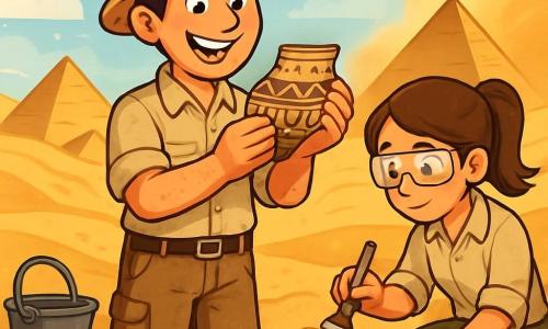 Un archeologo, Alessandro, è in piedi al centro dell'immagine, con un ampio sorriso di eccitazione sul volto. Indossa un cappello di paglia, una camicia beige a maniche corte e pantaloni cargo, tutti coperti di polvere di sabbia. Nelle sue mani tiene un antico frammento di ceramica decorata, che esamina con meraviglia. Alla sua destra, una giovane donna, Sofia, di circa 25 anni, è accovacciata, con i capelli castani raccolti in una coda di cavallo. Indossa una blusa da archeologo e occhiali protettivi, e tiene un pennello, pulendo delicatamente un piccolo artefatto sepolto nel terreno. Lo scenario è un vasto sito archeologico egiziano, con maestose piramidi sullo sfondo, dune di sabbia dorata che brillano al sole e una leggera brezza che solleva alcuni granelli di sabbia. Alessandro e Sofia stanno scoprendo antichi tesori, circondati da strumenti di archeologia, mentre una tempesta di sabbia si allontana all'orizzonte, lasciando spazio a una nuova avventura piena di misteri da esplorare.