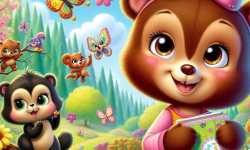 Tito, um pequeno urso marrom com olhos brilhantes e pelagem macia, está no centro da cena, com um grande sorriso no rosto, segurando um caderno decorado com desenhos coloridos. Ao seu lado, Nina, uma ursa negra com um bonito laço rosa no cabelo, observa com admiração um travesso esquilo que sobe em um galho, seus olhos brilhando de curiosidade. Ao fundo, um lindo bosquete de primavera está cheio de flores vibrantes, borboletas rodopiando e um céu azul claro salpicado de nuvens brancas e fofas. A cena principal mostra Tito e Nina explorando a natureza, cercados pela beleza da estação, descobrindo tesouros escondidos e maravilhando-se com cada detalhe vibrante de vida.
