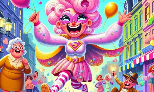 Super-Pufi, o femeie cu părul roz strălucitor ca vata de zahăr, poartă un costum de super-eroină strălucitor. Are un zâmbet jucăuș și ochi sclipitori, râzând în timp ce plutește în aer, înconjurată de baloane colorate care cad din cer. Lângă ea, mama ei, o femeie de aproximativ patruzeci de ani cu părul brunet și ochelari rotunzi, alunecă pe papuci din jeleu, râzând în hohote în timp ce încearcă să se ridice. Scena are loc pe o stradă animată dintr-un oraș însorit, cu case colorate și copaci verzi, unde trecătorii privesc cu uimire și amuzament. Situația principală o arată pe Super-Pufi, pregătită să salveze orașul din somnul lui Ticălos Somnorilă, jonglând cu baloane plutitoare și papuci din jeleu, creând un moment de bucurie și haos hilar.