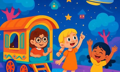 Er zijn 3 personages: - Anna: een 8-jarig meisje met krullend bruin haar en ronde bril. Ze zit in een prachtige kleurrijke caravan die in de zon glanst. - Lotte: een 7-jarig meisje met gevlochten blond haar en een stralende glimlach. Ze staat naast Anna en wijst naar de sterrenhemel. - Zara: een 8-jarig meisje met zwart haar en sprankelende ogen. Ze springt vrolijk met opgestoken armen, vol opwinding. De locatie is de planeet Glimmer, een feeëriek landschap met roze boomstammen en felblauwe bladeren. Glinsterende rivieren kronkelen door de grond en kleurrijke zwevende huizen zijn verspreid in de lucht. Heldere sterren verlichten de nacht en creëren een magische sfeer. De belangrijkste situatie toont de drie meisjes die de schoonheid van de planeet Glimmer ontdekken, verwonderd door de heldere kleuren en de vriendelijke wezens om hen heen. Ze dansen en lachen, delen een moment van vreugde en vriendschap onder een sterrenhemel, met een schitterend ruimteschip op de achtergrond.