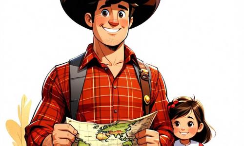 Un cowboy pe nume Jake stă în centrul imaginii, având o siluetă înaltă, purtând o pălărie mare de cowboy și o cămașă în carouri roșii. Fața lui este luminată de un zâmbet larg, exprimând entuziasm și curiozitate, în timp ce ține o hartă veche în mâini, pregătit pentru aventură. La dreapta lui, o fetiță pe nume Sally, de aproximativ 8 ani, cu părul creț și ochi strălucitori, privește harta cu uimire, având mâinile pe șolduri, plină de entuziasm. La stânga, Billy, un bărbat în vârstă cu o barbă lungă și albă și ochelari rotunzi, observă scena cu un zâmbet binevoitor, ținând o lanternă care luminează calea din fața lor. Decorul este o pădure densă, cu copaci majestuoși și frunze verzi vibrante, iar o lumină aurie a soarelui filtrează printre ramuri, creând o atmosferă magică. În fundal, o peșteră misterioasă se conturează, acoperită de iederă, invitând la explorare. Situația principală arată cum Jake, Sally și Billy se pregătesc să intre în peșteră, plini de entuziasm și curiozitate, gata să descopere secretele ascunse în interior.