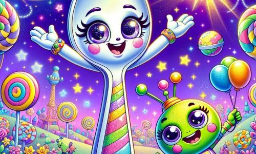Cucharina, una pequeña cuchara antropomórfica con una cara sonriente y ojos brillantes, está en el centro de la escena, con los brazos abiertos y una expresión de alegría y asombro. Brilla bajo la luz de una estrella en el cielo, rodeada de colores vivos. A su derecha, Zippy, un pequeño alienígena redondo con piel verde y ojos enormes, salta de alegría, su sonrisa radiante muestra su entusiasmo. Lleva un traje espacial colorido que brilla bajo el sol de Colorina. En el fondo, el paisaje de Colorina es fantástico: árboles en forma de caramelos, flores multicolores que bailan con el viento y un cielo violeta salpicado de estrellas brillantes. La situación principal muestra a Cucharina y Zippy preparando una gran fiesta, con globos flotantes y guirnaldas de luz, mientras amigos coloridos los rodean, todos listos para disfrutar de un enorme pote de helado arcoíris.