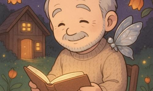 Un hombre de unos 60 años, rostro redondo, barba corta y gris, ojos risueños y sonrisa suave, vestido con lana beige, sentado en un pequeño sillón de madera sosteniendo un libro luminoso, lee con expresión serena y maravillada; un pequeño papalote plateado no humano con alas semiabiertas que brillan como metal pulido se posa en su hombro derecho; al fondo una casita de madera con ventanas en forma de luciérnagas y la puerta entreabierta deja salir una luz cálida que ilumina con manchas amarillas; claro nocturno con césped verde, flores-linterna naranjas colgantes, un arroyo plateado detrás de la casita y cielo violeta suave; escena íntima y mágica, estilo gráfico de trazos suaves, colores pastel cálidos, texturas de lana y madera, iluminación tenue y composición centrada en el hombre y el libro.