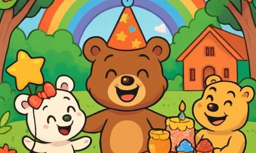 Un pequeño oso marrón llamado Gaspar, con una sonrisa radiante y ojos chispeantes de alegría, se encuentra en el centro de una fiesta de cumpleaños, llevando un sombrero de fiesta colorido con estrellas. A su derecha, Lulú, una pequeña osa blanca con un lazo rosa en la cabeza, baila alegremente sosteniendo un globo en forma de estrella. A su izquierda, Rolo, un oso musculoso con pelaje dorado, sonríe mientras levanta una gran mesa llena de pasteles de miel y pasteles coloridos. La escena tiene lugar bajo un cielo azul claro, con un gran arcoíris vibrante que se extiende sobre la escuela de madera, rodeada de majestuosos árboles. Los rayos del sol iluminan los rostros felices de los amigos de Gaspar, creando una atmósfera mágica y festiva. La situación principal muestra a Gaspar, rodeado de sus amigos, celebrando su cumpleaños, riendo y bailando bajo el arcoíris, llenos de felicidad y emoción.