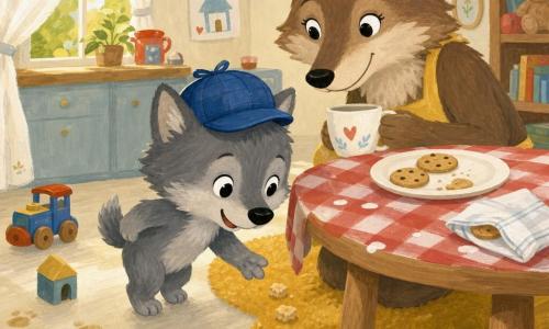 Un pequeño lobo gris llamado Lolo, de puntillas y con un gorrito azul de “detective”, extiende una pata hacia tres migas beige que forman un camino hacia una servilleta doblada donde se oculta una galleta; la mamá loba de pelaje marrón, con sonrisa tierna, agachada junto a la mesa sosteniendo una taza blanca, lo mira con cariño; sobre la mesa de madera clara hay un plato blanco con galletas, falta una, la servilleta está ligeramente arrugada y hay manchas de leche; cocina acogedora y luminosa con mantel de cuadros rojos y blancos, alfombra mostaza, rayo de sol por una ventana con cortina ligera, juguetes y pequeñas huellas en el suelo; escena centrada en Lolo y la servilleta, estilo gouache con texturas pintadas a mano, colores pastel cálidos, contornos suaves y detalles simples y legibles para bebé, ambiente reconfortante y lúdico.