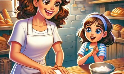Una panadera, Clara, sonriente y cálida, con cabello castaño rizado, lleva un delantal blanco ligeramente enharinado. Está amasando una masa de pan sobre una mesa de madera rústica, sus manos están llenas de harina y su rostro irradia alegría y pasión. A su lado, una niña pequeña, Lucía, de unos 7 años, con grandes ojos curiosos y una bufanda azul, observa atentamente, con las manos sobre la mesa, fascinada por el proceso de elaboración del pan. La escena se desarrolla en una panadería acogedora, con estanterías de madera llenas de panes dorados y deliciosos pasteles. El suelo es de azulejos antiguos, y rayos de luz filtran a través de la ventana, iluminando la harina en el aire. Clara y Lucía comparten un momento de complicidad, donde Clara explica con entusiasmo cómo la levadura hace que la masa suba, mientras Lucía escucha con asombro, lista para aprender todos los secretos de la panadería.