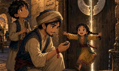 Un uomo di nome Karim, viso rotondo, barba leggera, sguardo deciso e dolce, leggero sorriso, inginocchiato davanti a una porta di legno scuro con un segno di luna rotta che si ricompone, posa una piccola ciotola lucente e stringe un ciottolo liscio nella mano destra; un ragazzo di circa 9 anni, Yasin, capelli neri arruffati, occhi umidi ma curiosi, tiene una piccola flauto di canna, è in piedi dietro Karim a sinistra e guarda la porta con speranza; una bambina di circa 6 anni, Lina, capelli intrecciati, vestito semplice e colorato, esce dalla porta aperta correndo verso Yasin ridendo con le braccia aperte; scena nella corte di un caravanserraglio con pavimento a mosaico usurato, muro di pietra ocra, fontana secca a destra con una sottile goccia d’acqua, tappeti sbiaditi a terra e lanterna sospesa che diffonde una luce calda; la luce argentea filtra dall’apertura della porta; palette di colori: ocra, blu notte, oro caldo e rosso profondo per il filo al polso di Karim; atmosfera calma e magica, texture visibili di legno, pietra e tessuti, riflessi morbidi sulla ciotola; prospettiva ravvicinata, composizione centrata su porta e tre personaggi, stile manga espressivo con linee nette e occhi grandi adatto ai bambini.