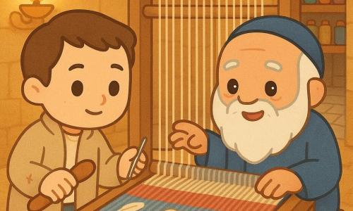 Nadir, uomo adulto dal volto dolce e curioso, sguardo attento e leggero sorriso, capelli castani corti, giacca di cotone beige un po' macchiata, tiene nella mano destra una spola di legno liscia e nella sinistra un piccolo ardiglione argentato, chinato verso il telaio come se stesse ascoltando; Hakam, vecchio dalla lunga barba bianca e occhi vivaci, vestito di ampi abiti blu notte, è seduto davanti a un grande telaio di legno e mostra il telaio a Nadir con una mano rugosa mentre l'altra è appoggiata su fili lucenti; l'ambiente è una stanza sotterranea calda e intima con muri di pietra ocra, una lampada a olio sospesa che diffonde luce dorata, scaffali carichi di rocchetti, pavimento a mosaico e una piccola apertura verso una "strada di parole" fatta di lastre con lettere incise; sul telaio fili concreti e leggermente luminosi — grigio opaco, bianco sporco, rosso granato e azzurro vivo — con piccoli simboli tessuti: una piuma, un bottone d'osso, un seme di melograno; la scena principale è il momento in cui Nadir scende la strada di parole e incontra Hakam davanti al telaio, atmosfera di scoperta dolce, gesti calmi, luce calda che fa scintillare i fili, composizione incentrata sullo scambio delle mani e primo piano sulla spola di legno e sui fili colorati.