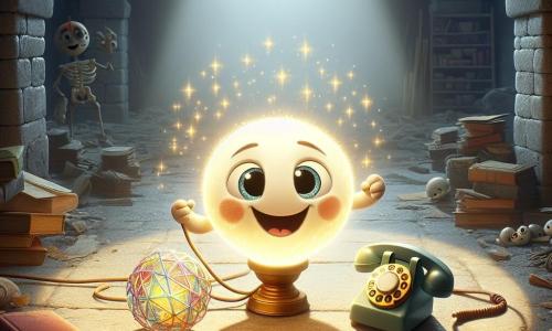 Lampa, un piccolo lampione luminoso dalla forma rotonda e un sorriso radioso, si trova al centro di una vasta sala sotterranea, illuminando lo spazio con la sua dolce luce dorata. Esprime grande determinazione e gioia, con gli occhi scintillanti di curiosità mentre libera una sfera di cristallo brillante circondata da fili intrecciati. Accanto a lui, Telefono, un telefono giocattolo dai colori vivaci e con occhi espressivi, guarda Lampa con ammirazione, il suo volto riflette speranza ed eccitazione. La sala è piena di vecchi libri polverosi e oggetti misteriosi, con muri di pietra grigia e scaffali di legno usurato. Ombre danzano attorno a loro, creando un'atmosfera magica e intrigante. In questa scena, Lampa e Telefono lavorano insieme per liberare la luce perduta, simboleggiando amicizia e coraggio, nel cuore di un luogo misterioso dove la magia attende di essere riscoperta.