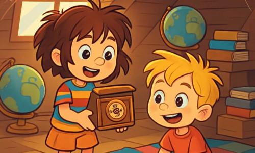 A 6-year-old girl, Mia, with messy brown hair and sparkling curious eyes, stands in a dusty attic. She wears mismatched purple socks and a colorful striped t-shirt. Her face shows wonder and excitement as she discovers a small wooden box adorned with a brass dial. Next to her, a boy her age, Ben, with tousled blonde hair and a bright smile, looks at the box with fascination. He sits on an old patchwork blanket, surrounded by wooden toys and old maps. The attic is filled with soft light filtering through a dusty window, illuminating globes and stacked books. Cobwebs in the corners add a mysterious touch to the atmosphere. The main scene shows Mia and Ben exploring the magical box together, their eyes shining with excitement, ready to uncover the secrets of time travel.