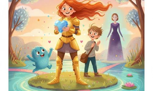 A smiling, determined female knight in gleaming golden armor with warm highlights and long red hair flowing in the wind holds the Heart of the Forest — a blue, heart-shaped stone glowing softly with sparks. Beside her, young squire Oliver (about 10) with light brown hair, a leather satchel, and awed eyes claps joyfully, standing slightly behind on her right. To the left near the water, Winky, a fluffy blue nonhuman creature with big curious eyes and tiny paws, jumps for joy. In the background the enchantress Morwenna, slim in a dark purple robe and light mist, watches with a surprised but not wholly malevolent expression. The scene is on a small island in the center of an enchanted turquoise lake with glowing magic paths leading to it, pink water lilies, silver-leaved trees and a pastel sunset sky — a gentle triumphant moment as the knight has reclaimed the magic stone, warm and wondrous with small sparks and colorful reflections around the characters.