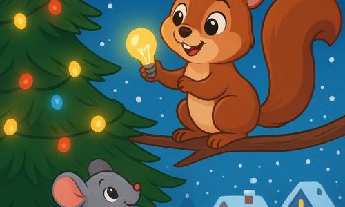 Een klein eekhoorntje genaamd Simon, met een zachte bruine vacht en sprankelende ogen van blijdschap, staat op een tak van een grote dennenboom versierd met fonkelende lichtjes. Hij glimlacht trots terwijl hij een heldere verlichting in zijn kleine pootjes vasthoudt. Naast hem kijkt een klein grijs muisje met een rode strik om haar nek naar Simon met bewondering, haar ronde ogen gevuld met verwondering. Ze staat op haar achterpoten, klaar om te helpen. De achtergrond toont een besneeuwd dorp, waar sneeuwvlokken zachtjes vallen en de grond bedekken met een zachte witte deken. In de verte verlichten huizen met besneeuwde daken en kleurrijke lichtjes de nacht, waardoor een warme en feestelijke sfeer ontstaat. De scène toont Simon terwijl hij de kerstboom decoreert, terwijl het muisje hem aanmoedigt, vol opwinding, terwijl de magie van Kerstmis het hele landschap omhult.