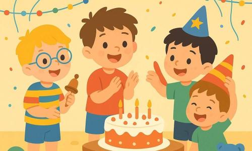 There are 4 children: Max, a 4-year-old boy with messy brown hair, wearing a red t-shirt and blue shorts, clapping his hands with a big smile in the center of the room; Leo, a 5-year-old boy with blond hair and round glasses, dressed in a multicolored striped shirt, shaking a small bell slightly to the left of Max; Tom, a 4-year-old boy with black hair and freckles, wearing a party hat, to the right of Max, placing a large hat on Sam's head; and Sam, a 3-year-old boy with brown hair and a bright smile, wearing a green t-shirt, slightly behind, laughing as the hat slips over his eyes. The setting is a bright playroom filled with colorful balloons floating from the ceiling and sparkling garlands. A large birthday cake decorated with candles sits on a wooden table, surrounded by toys scattered on a plush carpet. The main scene shows the four boys celebrating a joyful birthday, with laughter and applause as they play together and blow out the candles on the cake, creating a festive and warm atmosphere.
