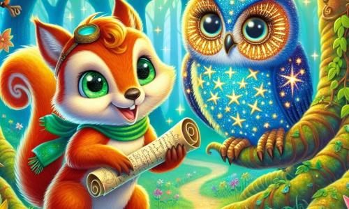 Pip, a young squirrel with sparkling emerald eyes and a shiny golden tail, stands at the center of the scene, looking curious and determined, holding an old rolled-up map in his tiny paws. To his right, Luna, a wise owl with starry midnight blue feathers, perches on a branch, her big round eyes full of wonder, scanning the path ahead. To the left, Finn, a playful fox with bright red fur and a mischievous smile, joyfully leaps in the green grass, eager to explore, his ears perked up. The setting is an enchanted forest with majestic trees, vibrant green leaves, and colorful flowers dancing in the breeze, while a soft ray of sunlight filters through the foliage, illuminating the ground scattered with golden leaves. The main scene shows Pip, Luna, and Finn gathered for a grand adventure, examining the mysterious map that will lead them to the legendary Crystal Cavern, filled with excitement and curiosity, ready to face the challenges awaiting them in this magical forest.