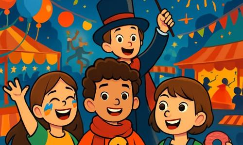 There are four children: Elijah, an 11-year-old boy with curly hair and a bright red scarf, stands in the center, smiling and holding a yellow rubber duck. Lila, an 11-year-old girl with rainbow-painted cheeks and long brown hair, is to the left of Elijah, laughing and raising her arms in the air. Zara, an 11-year-old girl with short hair and pockets full of candy, is to the right of Elijah, holding a sweet donut and looking around with sparkling eyes. Theo, an 11-year-old boy wearing a magician's cape and a top hat, stands behind Elijah, enthusiastically waving a magic wand. The main scene takes place in a lively carnival square filled with bright colors, twinkling lanterns, and food stalls. Balloons float in the air, and crepe paper decorations dance in the wind. In the background, a stage adorned with fairy lights hosts performers, cheered on by the crowd. The main situation shows the four friends together, laughing and having fun amidst the festivities, surrounded by jugglers, dancers, and dazzling fireworks lighting up the night sky.