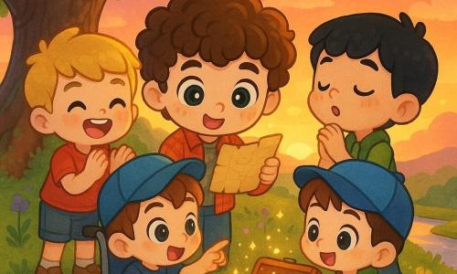 Four boys: Oliver, ~10, curly brown hair, large curious green eyes, plaid shirt, holding an old yellowed map in his right hand, centered and leaning toward a small wooden box; Sam, ~9, short blond hair, wide smile, red t‑shirt, left of Oliver, clapping joyfully; Leo, ~10, short black hair, slender nose, green vest, right of Oliver, sniffing the air as if following a scent; Max, ~10, light brown hair, wearing a blue cap and using a colorful stickered wheelchair, slightly in front left, pointing at a small shiny glass vial in the box. Setting: grassy hill at sunset with purple and yellow wildflowers, an ancient oak to the left, a sparkling river below, golden sky with pink clouds, textured grass and mossy stones around a partially buried small wooden box. Main scene: the four children discover the open box at the oak’s base containing a glowing perfume vial and a wooden figurine, they look amazed, warm magical atmosphere, saturated colors, soft edges and faint sparkles around the vial indicating a mysterious scent.