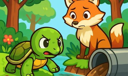 Tilly, una piccola tartaruga verde con un guscio lucido e occhi brillanti di determinazione, si trova in riva a un ruscello, pronta a tuffarsi in acqua. Mostra un'espressione di coraggio e curiosità, osservando un tubo di metallo che scarica rifiuti nel ruscello. Accanto a lei, Violetta, una vecchia volpe astuta con il pelo rosso e occhi saggi, si tiene leggermente in disparte, con le orecchie ritte e un'espressione di preoccupazione. Guarda attentamente il tubo, pronta a dare consigli a Tilly. Il luogo è un ruscello circondato da alberi maestosi con foglie verdi brillanti e fiori colorati lungo le rive. L'acqua è torbida e piena di rifiuti, in contrasto con la bellezza naturale dei dintorni. La scena principale mostra Tilly e Violetta mentre esplorano il ruscello inquinato, determinate a scoprire la fonte dell'inquietudine e a salvare il loro habitat.