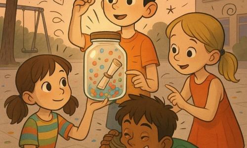Sunt patru copii: Mara, ~8 ani, păr castaniu în două codițe, ținută colorată, ține un borcan mare de sticlă în stânga imaginii și-l privește curios; Andrei, ~9 ani, păr negru scurt, creion după ureche, în centru, ridică borcanul spre lumină ca un detectiv; Daria, ~8 ani, păr blond în coadă, rochie vie, la dreapta borcanului, atinge ușor sticla cu un deget; Vlad, ~9 ani, păr șaten ciufulit, cu o privire șugubeață, este ghemuit în fața băncii, lipindu-și urechea de capac; în curtea școlii, după-amiază, sol din piatră deschisă, o leagănă veche și o bancă de lemn uzată în fundal, un castan mare în stânga, câteva foi și confetti împrăștiate; toți în jurul unui borcan care face „plic” cu confetti colorate și un bilețel rulat, atmosferă veselă și surprinsă, privirile și gesturile convergând spre borcan.