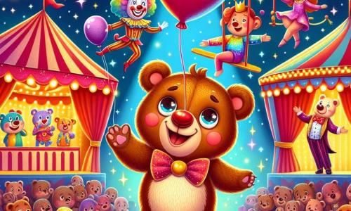Um urso curioso chamado Pipo, com pelagem marrom e olhos brilhantes de alegria, dança entusiasticamente no centro de um colorido picadeiro de circo, cercado por luzes vivas e balões flutuantes. À sua direita, um palhaço alegre, com nariz vermelho, cabelos coloridos e um grande sorriso, ri segurando um enorme balão em forma de coração, adicionando um toque de alegria à cena. À esquerda, uma trapezista graciosa, vestida com um traje cintilante e suspensa no ar, executa acrobacias com um sorriso radiante, cativando a atenção de todos. O local é um circo vibrante, cheio de tendas listradas, guirlandas luminosas e um público maravilhado, todos aplaudindo e rindo. A cena principal mostra Pipo, com o coração transbordando de felicidade, dançando alegremente no meio de seus novos amigos, celebrando a magia e a alegria do circo.