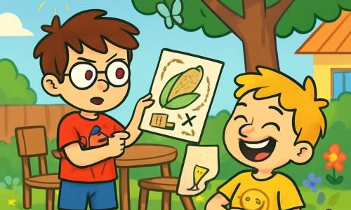 Há 2 personagens principais: - Tomás: um garoto de 9 anos, com cabelos castanhos bagunçados e óculos redondos. Ele usa uma camiseta vermelha com um desenho de super-herói e um short azul. Ele está de pé, com os braços cruzados, com um olhar determinado. - Léo: um garoto de 9 anos, com cabelos loiros e sardas no rosto. Ele usa uma camiseta amarela com um sorriso desenhado e uma calça verde. Ele está sentado no chão, rindo alto, com uma mão na barriga. O local da história é o jardim da casa de Tomás, cheio de flores coloridas, com borboletas voando. Há uma grande árvore no centro, sob a qual há uma pequena mesa de madeira com cadeiras. O sol brilha e a grama é verde vibrante. A situação principal mostra Tomás e Léo descobrindo um bilhete misterioso na mesa, com desenhos de pamonha e um mapa do tesouro. Tomás, com um ar sério, explica a Léo sua missão de encontrar a pamonha perdida, enquanto Léo ri, imaginando as aventuras que viverão.