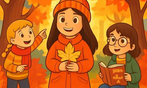 Há 3 personagens: Clara, uma menina de 10 anos com longos cabelos castanhos, vestindo um casaco laranja brilhante e um gorro de lã, está de pé no centro, sorrindo e segurando uma folha de bordo dourada. Júlia, também de 10 anos, com cabelos loiros trançados, usa um cachecol vermelho e um suéter listrado; ela está ligeiramente à esquerda de Clara, apontando para uma árvore majestosa. Sofia, com cabelos castanhos e óculos redondos, está à direita de Clara, sentada em um tronco de árvore, folheando um livro sobre lendas do outono. O cenário é uma floresta encantada com árvores adornadas por folhas vibrantes: vermelhas, laranjas e amarelas. O chão é coberto por um tapete de folhas secas, e um suave raio de sol atravessa os galhos, iluminando a cena com uma luz dourada. As três amigas exploram a floresta, maravilhadas com a beleza do outono, enquanto descobrem um círculo de cogumelos misteriosos entre as árvores, com expressões de curiosidade e encantamento em seus rostos, criando uma atmosfera mágica e acolhedora.