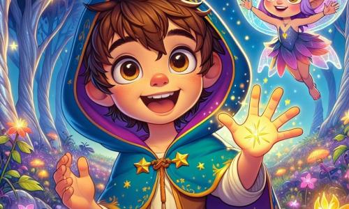 No centro da imagem, um jovem garoto de cinco anos, Léo, é representado como um aprendiz de feiticeiro. Ele veste uma capa de aventureiro azul brilhante, com estrelas douradas, e um grande sorriso iluminado pela excitação. Seus cabelos castanhos estão bagunçados, e seus olhos brilham de maravilha enquanto ele estende a mão para uma luz dourada que sai de suas palmas. Ao seu lado, a Fada Lila, uma pequena criatura mágica de cerca de quinze centímetros, voa com asas cintilantes. Ela tem longos cabelos roxos e usa um vestido feito de pétalas de flores. Ela sorri com orgulho ao olhar para Léo, com as mãos levantadas para encorajá-lo. Ao fundo, uma floresta mágica se desdobra, com árvores de troncos prateados e folhas multicoloridas que brilham sob um céu estrelado. Flores luminosas emitem um suave brilho, e criaturas encantadas, como borboletas e pássaros coloridos, voam ao redor deles. A cena principal mostra Léo, maravilhado, liberando uma onda de cores vibrantes que se elevam no ar, iluminando a cena com alegria e magia. As cores dançam ao seu redor, simbolizando a magia da amizade e da criatividade, enquanto a Fada Lila o encoraja com entusiasmo.