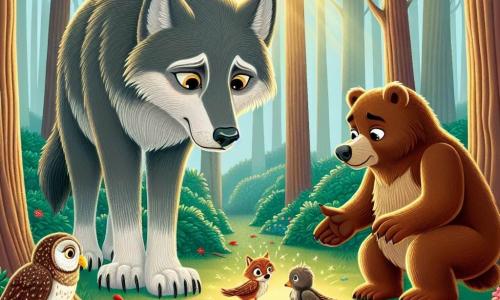 Ein großer böser Wolf mit grauem Fell und durchdringenden Augen steht in der Mitte der Szene und zeigt einen Ausdruck von Traurigkeit und Verwundbarkeit, während er versucht, einen kleinen Vogel zu retten, der aus seinem Nest gefallen ist. Rechts von ihm schaut ein glänzender brauner Bär namens Bruno mit Mitgefühl auf den Wolf, seine Augen strahlen Ermutigung aus, bereit zu helfen. Links beobachtet eine weise Eule mit weißen Federn und großen runden Augen die Szene, ihr Ausdruck ist besorgt, aber voller Hoffnung. Die Szene spielt in einem verzauberten Wald mit großen Bäumen und dicken Stämmen, deren grüne Blätter das Sonnenlicht filtern und goldene Muster auf den Boden werfen. Bunte Blumen schmücken den Boden und verleihen der Umgebung einen Hauch von Magie. Die Hauptsituation zeigt den normalerweise gefürchteten Wolf, der seine Ängste überwindet und beweist, dass er ein Freund sein kann, während Bruno und die Eule ihn ermutigen, Güte und Mut zu zeigen.