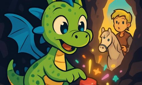 Un mic dragon numit Norblin, cu solzi verzi strălucitori și aripi albastre ca cerul, stă într-o peșteră întunecată, cu ochii mari și curioși. El apasă un buton mare și roșu de pe o cutie metalică misterioasă, iar lumini colorate strălucesc în jurul său. În fundal, un băiat cu părul blond și haine dintr-o epocă trecută, cu o expresie de surpriză, îl privește atent, stând lângă un cal cu blană albă ca zăpada. Peștera este plină de umbre și lumini, cu pereți de rocă umedă și o crăpătură prin care pătrunde lumina soarelui. Norblin, plin de emoție și curiozitate, este pregătit să descopere o lume nouă, în timp ce băiatul îl observă cu fascinație.