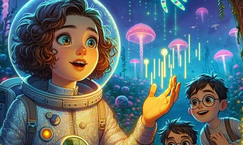 În prim-plan, Mira, o fetiță de 12 ani cu părul brun și creț, poartă o costum de astronaut argintiu strălucitor. Fața ei exprimă o mare excitație și curiozitate, în timp ce observă cu uimire un grup de creaturi luminoase care dansează în jurul mâinii ei întinse. Alături de ea, Alex, un băiat de 13 ani cu ochelari rotunzi și părul blond zbârlit, ține un aparat de măsurare în mâini, privind atent datele de pe ecran cu o expresie concentrată și entuziastă. În fundal, Radu, un băiat de 12 ani cu părul negru și neted, ajustează setările unui mic robot de explorare, zâmbind la reacțiile creaturilor. Scena se desfășoară pe o planetă extraterestră, acoperită de o vegetație strălucitoare, cu copaci cu trunchiuri în spirală și flori luminescente care floată în aer. Cerul este de un violet profund, presărat cu stele strălucitoare și două soare strălucitoare la orizont, creând o atmosferă magică și misterioasă. Mira și prietenii ei comunică cu creaturi extraterestre care emit lumini colorate, descoperind astfel un nou limbaj fascinant în timp ce explorează minunile acestei planete necunoscute.