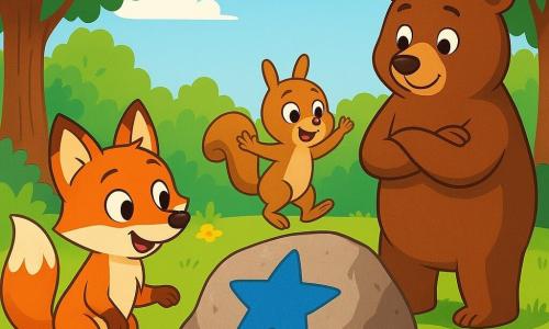Ein kleiner schlauer Fuchs, Fips, mit leuchtend orangefarbenem Fell und einem buschigen Schwanz, schaut neugierig und begeistert auf einen großen Felsen, der mit einer blauen Sternzeichnung bedeckt ist. Seine Augen funkeln vor Aufregung, während er sich leicht nach vorne lehnt, bereit, das Rätsel zu lösen. Neben ihm springt Lilli, ein kleines Eichhörnchen mit hellbraunem Fell und funkelnden Augen, vor Freude mit erhobenen Pfoten und zeigt auf den Felsen mit einem bewundernden Gesichtsausdruck. Weiter entfernt steht Bruno, ein großer, freundlicher Braunbär, mit verschränkten Armen und einem amüsierten Lächeln, interessiert beobachtend. Die Szene spielt in einer sonnigen Lichtung, umgeben von majestätischen Bäumen mit leuchtend grünen Blättern und bunten Blumen, die den Boden bedecken. Im Mittelpunkt zieht der große Felsen mit der geheimnisvollen blauen Zeichnung alle Blicke auf sich. Die Hauptsituation zeigt die drei Freunde bei ihrer Untersuchung des Felsens, während sie begeistert darüber diskutieren, wie sie das Rätsel der Zeichnung lösen können.
