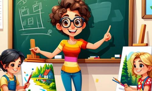 Eine lächelnde Lehrerin mit lockigem braunem Haar und runden Brillen steht vor einer großen Tafel. Sie trägt eine bunte Bluse und Jeans, und ihr Gesicht strahlt vor Stolz und Begeisterung, während sie die Arbeiten ihrer Schüler bewundert. Neben ihr zeigt ein 10-jähriger Junge mit zerzausten blonden Haaren und einem blauen T-Shirt auf ein wunderschönes Gemälde einer magischen Waldszene, seine Augen leuchten vor Aufregung. Ein 9-jähriges Mädchen mit schwarzen Zöpfen und einem Blumenkleid hält einen Pinsel und lächelt stolz über ihren Beitrag zum Gemeinschaftsprojekt. Der dekorierte Klassenraum ist hell, mit bunten Zeichnungen an den Wänden und einer großen Tafel voller Skizzen fantastischer Tiere. Holztische sind im Kreis angeordnet, und Stifte sowie Pinsel liegen verstreut auf den Tischen. Die Hauptsituation zeigt die Lehrerin und ihre Schüler, die gemeinsam ihr großes Kunstwerk, ein lebendiges und buntes Wandbild, enthüllen, das ihre Vorstellungskraft und Teamarbeit feiert, während die Eltern bewundernd applaudieren.