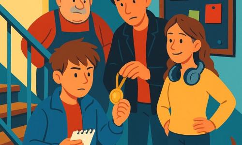 Milo, 12, rundes Gesicht, zerzauste braune Haare, blaue Jacke, Notizbuch in der Hand, schaut aufmerksam und erleichtert auf die glänzende Medaille; Nuri, 12, braune Zopf, senfgelber Pullover, steht neben ihm lächelnd und leicht zurückgenommen mit Händen in der Hüfte; Timo, 16, zeigt sich verlegen, schwarze Jacke, hält die zitternde Medaille zum Anschlagbrett; Lina, 13, mit Kopfhörern um den Hals, überrascht lächelnd hinter Timo; Herr Engel, etwa 60, korpulent, grau zerzauste Haare, Schürze, beobachtet streng aber gütig nahe der Treppenhaustür; Luna, kleiner Dackel, läuft die Stufe entlang und schnüffelt; Ort: schmales Treppenhaus mit abgenutzten Holzstufen, blau verblasster Metallhandlauf, schwarzes Pinnboard mit bunten Zetteln und rostigen Haken, schräger Sonnenstrahl durchs Fenster; Szene: Medaillenrückgabe als Moment der Versöhnung, warme Beleuchtung auf der Medaille, sichtbare Texturen; Grafikstil: Plakat in klaren Farbflächen, scharfe Formen, sanfte Konturen, kräftige begrenzte Palette, lesbare fröhliche Inszenierung, kindgerechte Proportionen.