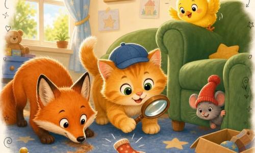 A kitten detective: small fluffy ginger kitten with bright green round eyes, curious happy expression, wearing a small blue hat and holding a wooden magnifying glass, sniffing a trail of fur. A fox sidekick: friendly round-featured red fox crouched to the kitten’s left following the trail with its nose to the ground. A chick side character: fluffy yellow chick perched on the back of a chair to the right, excitedly watching. A little mouse: shy gray mouse smiling and half-emerging from behind the chair wearing a red sock as a hat. Setting: colorful child’s bedroom with star-patterned rug, large green velvet armchair, open toy box and warm sunlight through a window. Main scene: joyful discovery of the missing sock — the small investigators circle the chair with happy, conspiratorial expressions, playful doodles of footprints and little stars around.