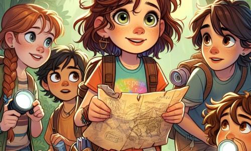 Clara, una niña de 11 años, está en el centro de la imagen, con cabello castaño alborotado y ojos llenos de curiosidad. Lleva una camiseta colorida, un short de mezclilla y una pequeña mochila llena de herramientas de exploración. Su rostro expresa gran emoción mientras sostiene un viejo trozo de papel, un tesoro de mapa, frente a ella. A su lado está Sofía, otra niña de 11 años, con trenzas y una sonrisa radiante. Ella sostiene una linterna y mira a Clara con admiración, lista para ayudarla en su aventura. Lucas, un niño de 12 años, está un poco atrás, con gafas y una expresión concentrada, examinando un plano de la montaña. Valentina, otra niña de 11 años, está junto a él, con cabello rizado y una mirada decidida, sosteniendo una mochila llena de suministros. El escenario es un bosque denso y verde, con árboles majestuosos y rayos de sol filtrándose a través del follaje, creando una atmósfera mágica. Al fondo, se ve una montaña imponente cubierta de niebla, que parece esconder secretos. La situación principal muestra a Clara y sus amigos descubriendo un viejo tesoro de mapa, listos para aventurarse, rodeados de la belleza salvaje de la naturaleza, con expresiones de determinación y emoción en sus rostros.