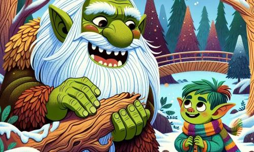 Un troll jovial numit Naki, cu o piele verde strălucitoare și o barbă lungă albă, stă sub un pod, crocănind un morcov uriaș, cu un zâmbet mare pe față. Lângă el, un goblin mic numit Glinglin, cu pielea verde și părul portocaliu aprins, poartă un fular multicolor și îl privește pe Naki cu ochi strălucitori de curiozitate, pregătit să-i ceară ajutorul. Locul este o pădure magică, cu copaci înalți și măreți, acoperiți cu zăpadă strălucitoare, iar solul este acoperit cu frunze înghețate, creând un peisaj feeric. Situația principală îi arată pe Naki și Glinglin discutând vesel, înconjurați de o atmosferă de mister și aventură, pregătindu-se să pornească în căutarea fulgilor magici de zăpadă dispăruți.