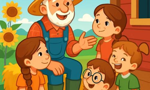 An elderly man, Grandpa Ben, smiling and warm-hearted, wears a wide straw hat and rubber boots. His hands are rough and tanned, showing many years of working the land. He sits on a hay bale, surrounded by young children. Mia, an 8-year-old girl with long braided brown hair, sits next to him, her eyes shining with wonder. Lucas, a 7-year-old boy with round glasses, leans forward, captivated by the story, while Jade, a 6-year-old girl with pigtails, laughs joyfully as she listens. The scene takes place on the wooden porch of a farm, with lush green fields stretching as far as the eye can see, golden sunflowers gently swaying in the wind, and a bright blue sky dotted with fluffy white clouds. In this illustration, Grandpa Ben tells a fascinating story about his life on the farm, surrounded by the children who listen attentively, their faces lit up with curiosity and excitement.