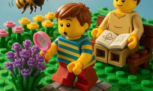 Bambino di 6 anni, viso tondo e capelli castani corti, sguardo stupito, si china verso un cespuglio di lavanda tenendo una piccola rete rosa, indossa una maglietta a righe blu e gialla e scarpe rosse; una donna adulta (madre) 30–40 anni, capelli castani raccolti a chignon, sorriso dolce, seduta su una panchina di legno a destra con un taccuino da disegno aperto, guarda il bambino con orgoglio; un'ape gialla e nera, corpo peloso e ali traslucide, vola su un fiore di lavanda con linee di movimento; una coccinella rossa a puntini neri su una grande foglia verde in primo piano; giardino di primavera con prato verde, file di fiori rosa, gialli e blu, un sentiero di pietre grigie, raggi di sole dorati e cielo azzurro; scena principale di scoperta calma e gioiosa, atmosfera luminosa e pacifica, colori vivaci e texture di mattoncini LEGO ben marcate