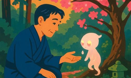 Un uomo chiamato Haruto, dal volto dolce e sorriso gentile, capelli neri leggermente brizzolati, in kimono indaco inginocchiato con mano tesa verso un piccolo spirito; lo spirito è una creatura luminosa grande quanto un gatto, corpo traslucido color perla e rosa pallido, occhi grandi e lucenti e lacrime come gocce di rugiada, adagiato tra i rami di un piccolo ciliegio in fiore; nessun altro umano presente; luogo: sentiero forestale giapponese coperto di petali rosa, tronco nodoso del ciliegio in primo piano, luce dorata che filtra tra i pini e un vecchio piccolo santuario di pietra ricoperto di muschio sullo sfondo; situazione: Haruto consola lo spirito con gesto tenero, atmosfera calda e pacifica, colori contrastati — rosa vivaci, verdi profondi e toni caldi di luce — composizione centrata, stile semplice con forme nette e contorni piatti come un manifesto per bambini.